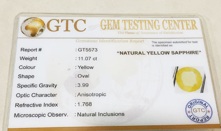 11.07 ct/12.30 ratti Natural Certified Bangkok Pukhraj/Yellow Sapphire
